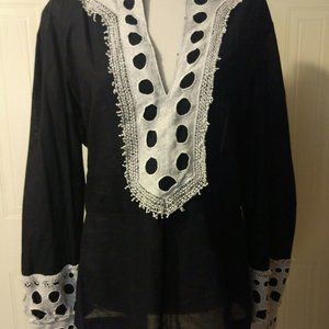 TORY BURCH Navy Lace Trim Tunic Top Resort Sz 14